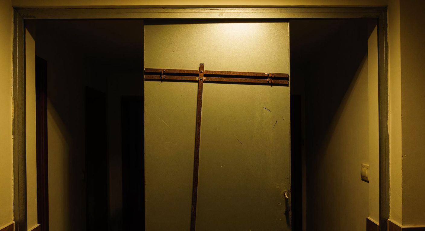 A worn-out metal door with rusted hinges slightly detached from its frame, hanging crookedly in a dimly lit Turkish apartment hallway.