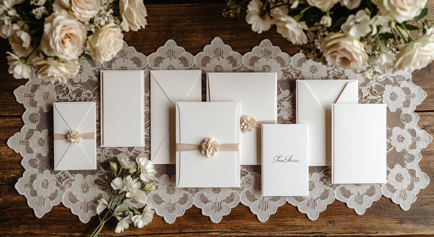 A neatly arranged display of Turkish wedding invitation cards in various sizes—vertical rectangles, horizontal rectangles, squares, and rounded-edge designs—laid out on a lace-covered wooden table with delicate floral embellishments.
