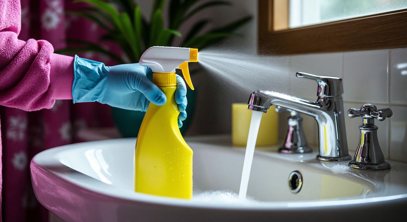 A bright yellow Cif spray bottle sits on a sparkling white ceramic sink in a Turkish bathroom, with a gloved hand spraying foam onto a shiny faucet, removing stubborn limescale stains.
