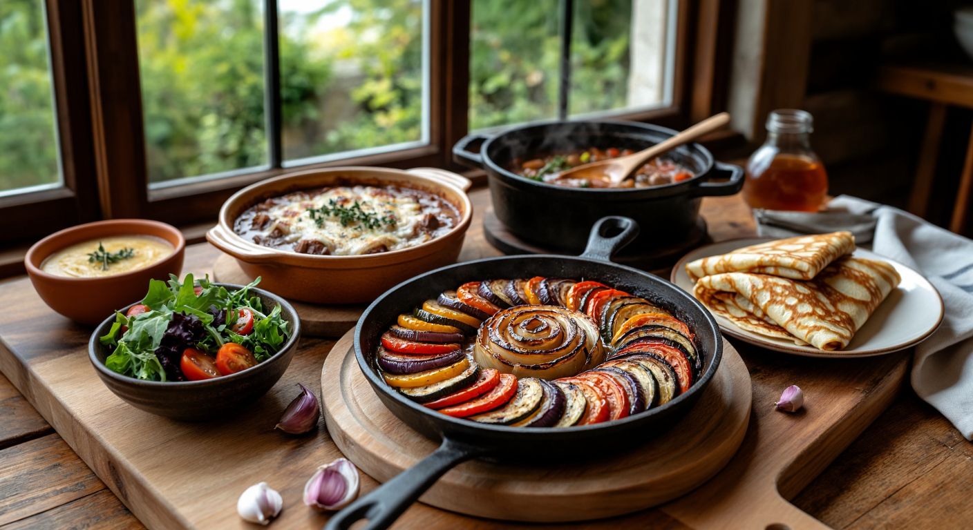 A rustic French kitchen table laden with steaming onion soup in a ceramic bowl, a rich boeuf bourguignon in a cast-iron pot, a colorful ratatouille arranged in a spiral, a fresh salade niçoise on a wooden board, and golden crêpes drizzled with honey on a plate.