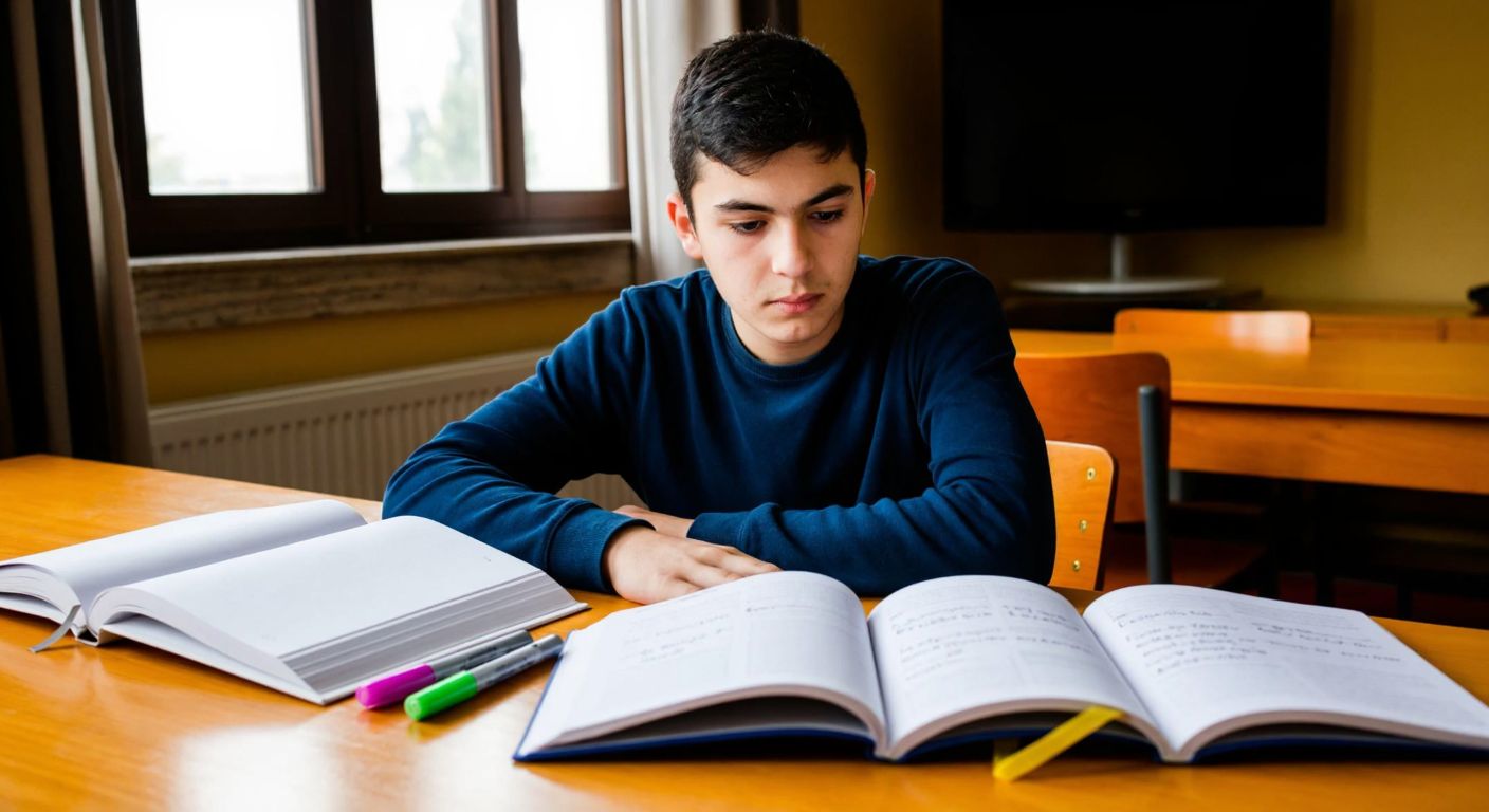 A focused young student in Turkey sits at a wooden desk, surrounded by open books, highlighters, and a notebook filled with handwritten notes, while practicing Turkish grammar exercises with determination.
