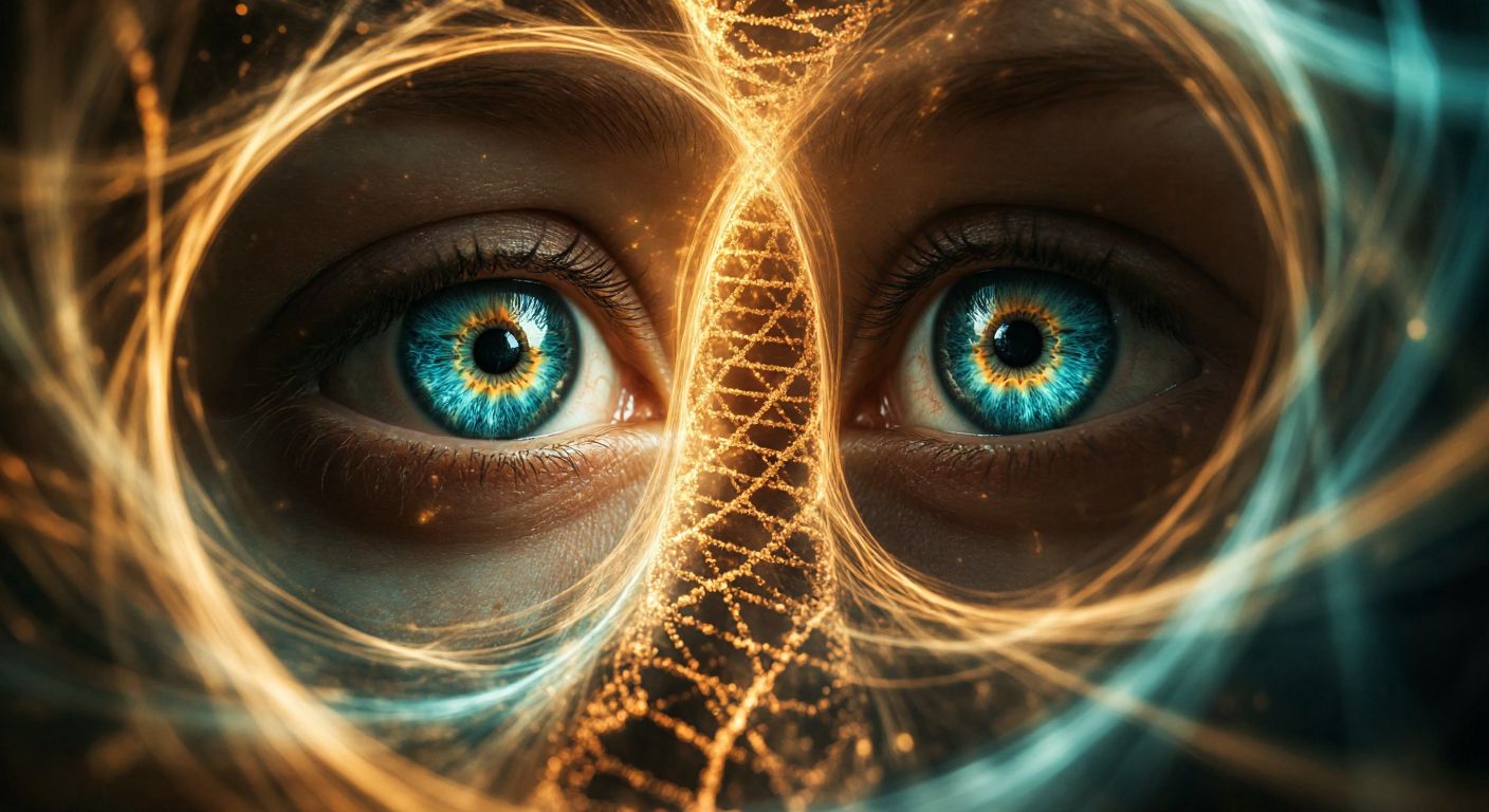 A pair of striking blue and green eyes, glowing under soft light, surrounded by a swirling abstract representation of genetic strands in warm earthy tones.