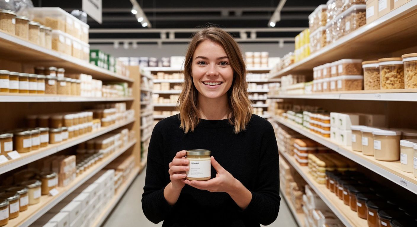A smiling shopper in a bright IKEA store aisle holds a small, white-labeled jar of almond paste, surrounded by neatly stacked Scandinavian-style food products on wooden shelves.