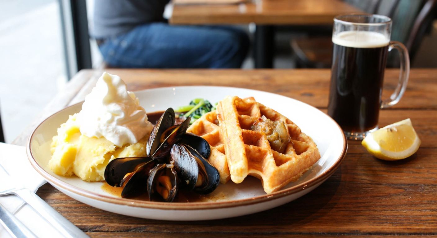 A rustic wooden table in a cozy Belgian bistro holds a steaming plate of *stoemp* with mashed potatoes, carrots, and leeks, a golden *waffle* topped with whipped cream, a sizzling *carbonnade flamande* in a dark beer sauce, and crispy *moules-frites* with a side of lemon, evoking warmth and indulgence.