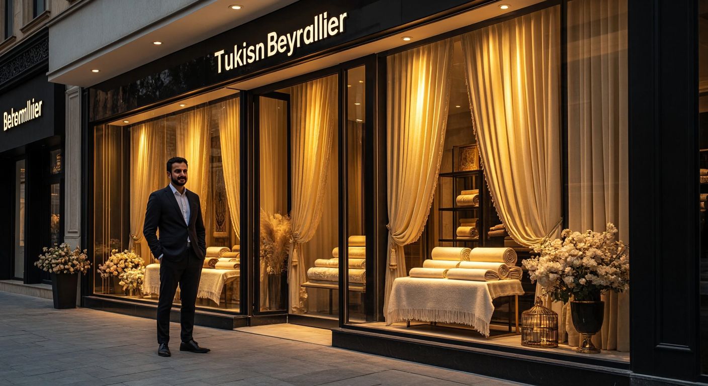 A modern Turkish textile storefront with elegant curtains displayed in the window, bathed in warm golden light, and a well-dressed businessman of Middle Eastern appearance standing proudly outside, representing the Baydemirler Group's ownership.