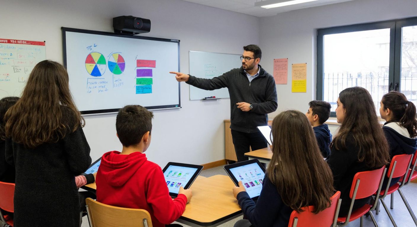 A modern Turkish classroom with students attentively watching a teacher pointing at a projected lesson on a whiteboard, while some interact with tablets displaying colorful educational diagrams.