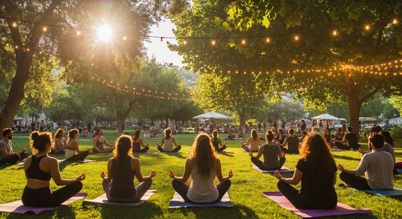 A vibrant collage of people in Turkey enjoying yoga in a sunlit park, laughing while sharing stories over çay, and dancing at an outdoor concert under string lights.