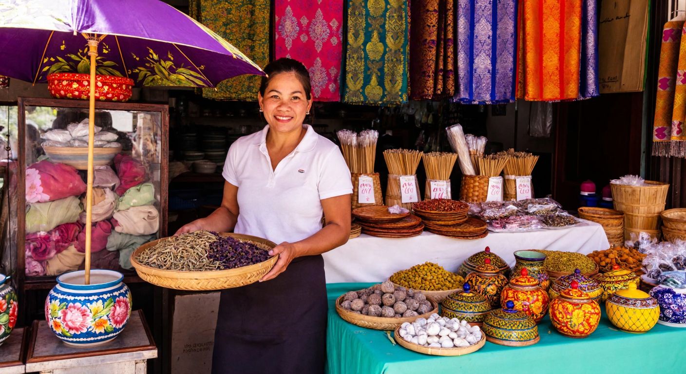 A vibrant market stall in Thailand displays colorful silk fabrics, hand-painted Benjarong pottery, bamboo umbrellas, and sparkling gemstones, with a smiling vendor offering a basket of aromatic spices.