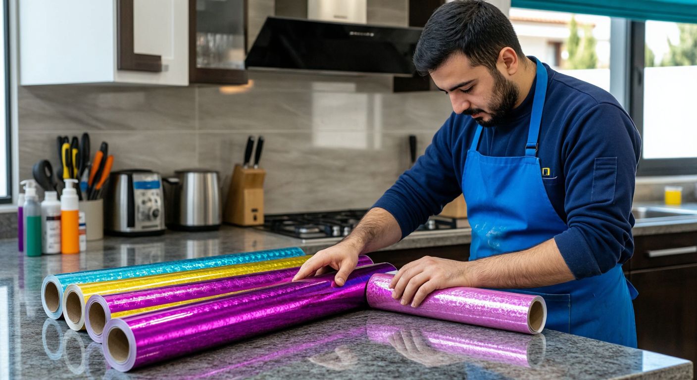 A Turkish worker in a blue apron carefully applies a glossy adhesive film to a kitchen countertop, surrounded by colorful rolls of decorative foil and tools.