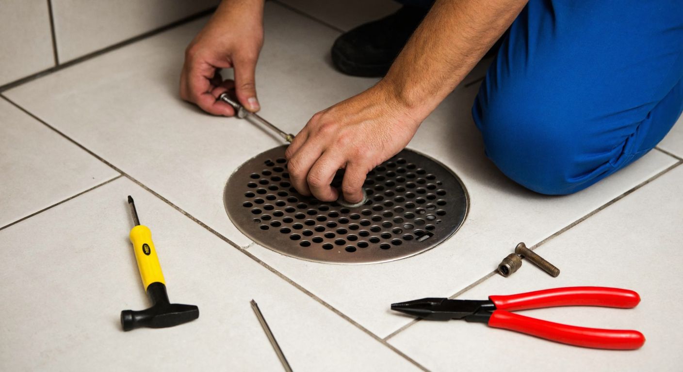 A close-up of a Turkish plumber’s hands carefully installing a perforated drain cover, with scattered tools like a screwdriver and needle-nose pliers on a tiled bathroom floor.