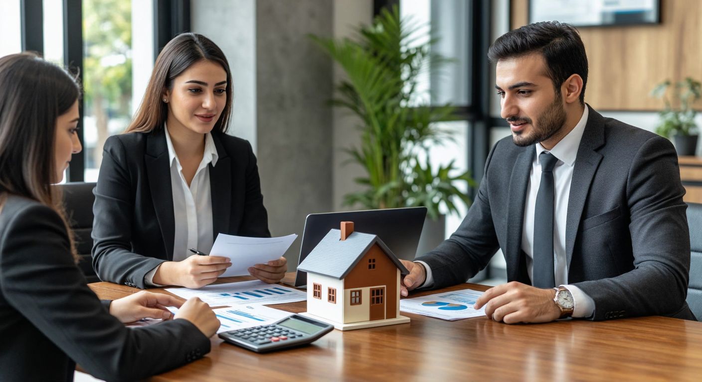 A Turkish couple in business attire sits at a wooden table in a modern bank, reviewing financial documents with a calculator and a small house model between them, while a banker in a suit points to a chart on a tablet.