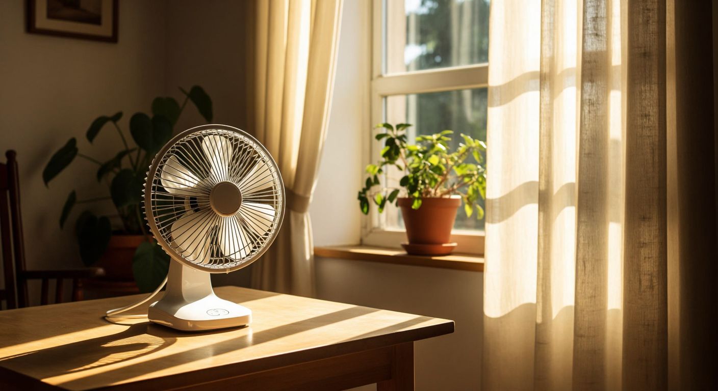 A compact desktop fan hums quietly on a wooden table in a sunlit Turkish home, its blades spinning steadily as a warm breeze rustles nearby sheer curtains.