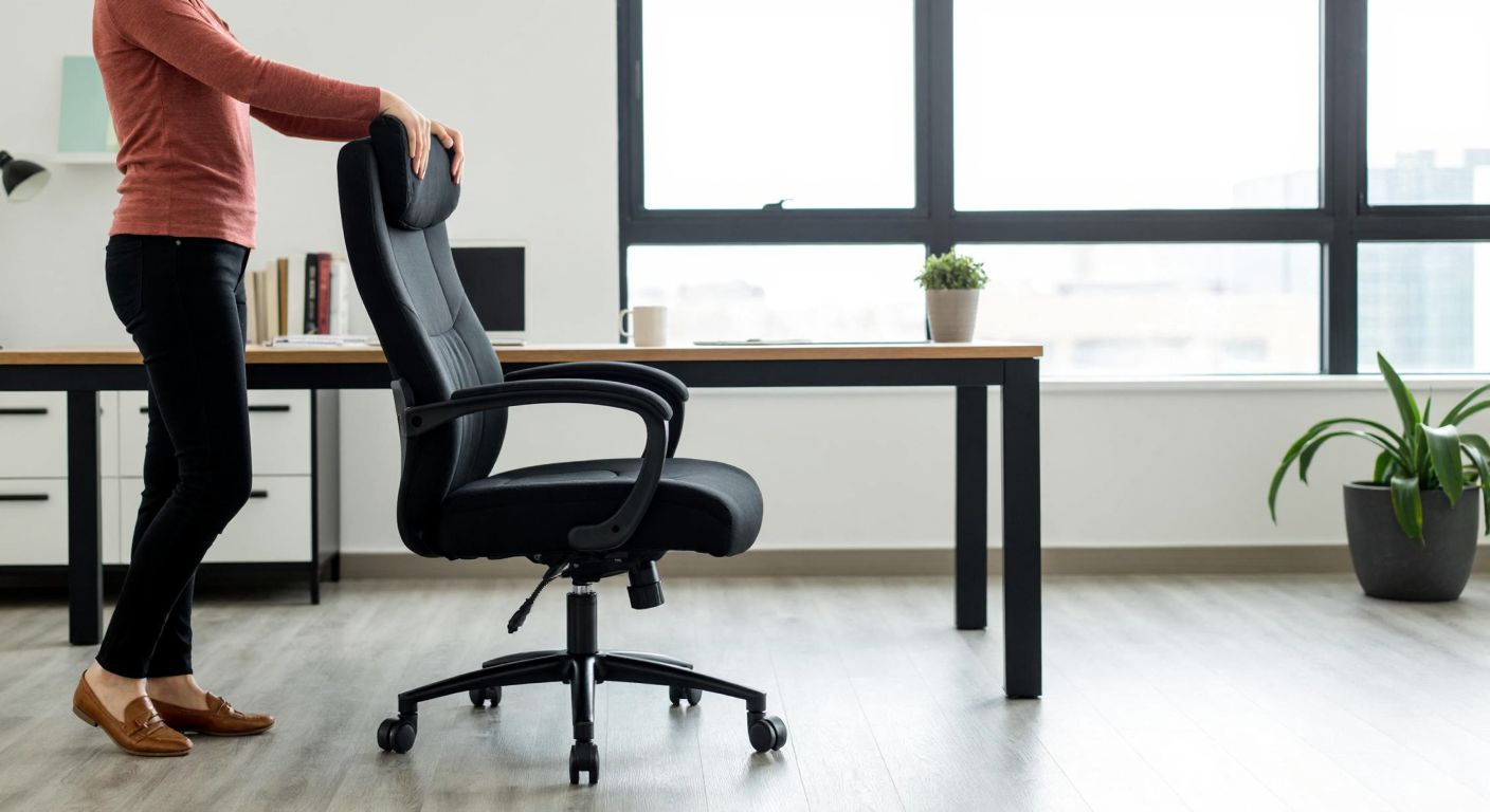 A modern ergonomic office chair with adjustable lumbar support, breathable fabric, and smooth-rolling wheels, placed in a well-lit Turkish office setting with a person testing its comfort by leaning back and adjusting the armrests.