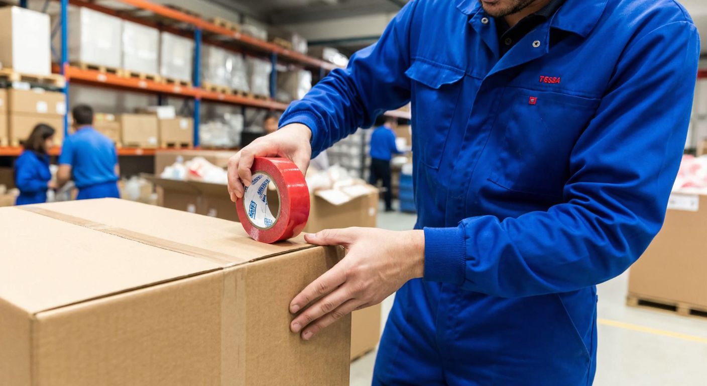 A worker in a blue jumpsuit carefully applies a roll of Tesa tape to seal a cardboard box in a bustling Turkish packaging warehouse.