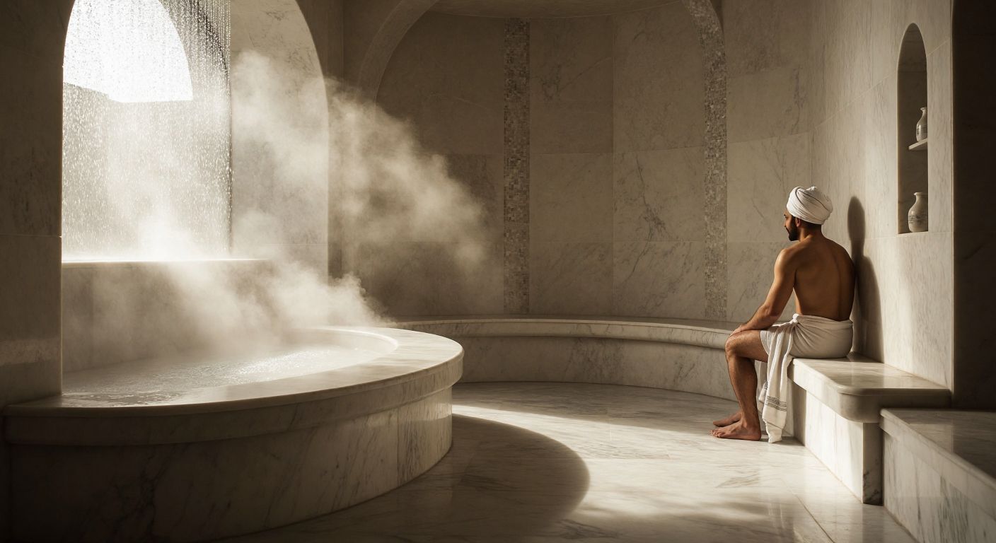 A warm, steamy Turkish hamam with a smooth marble bench (40-45 cm high, 45 cm wide) beside a large, oval göbektaşı (80 cm wide, 200 cm long), where a relaxed figure sits wrapped in a traditional peştemal, surrounded by soft light and glistening water droplets.