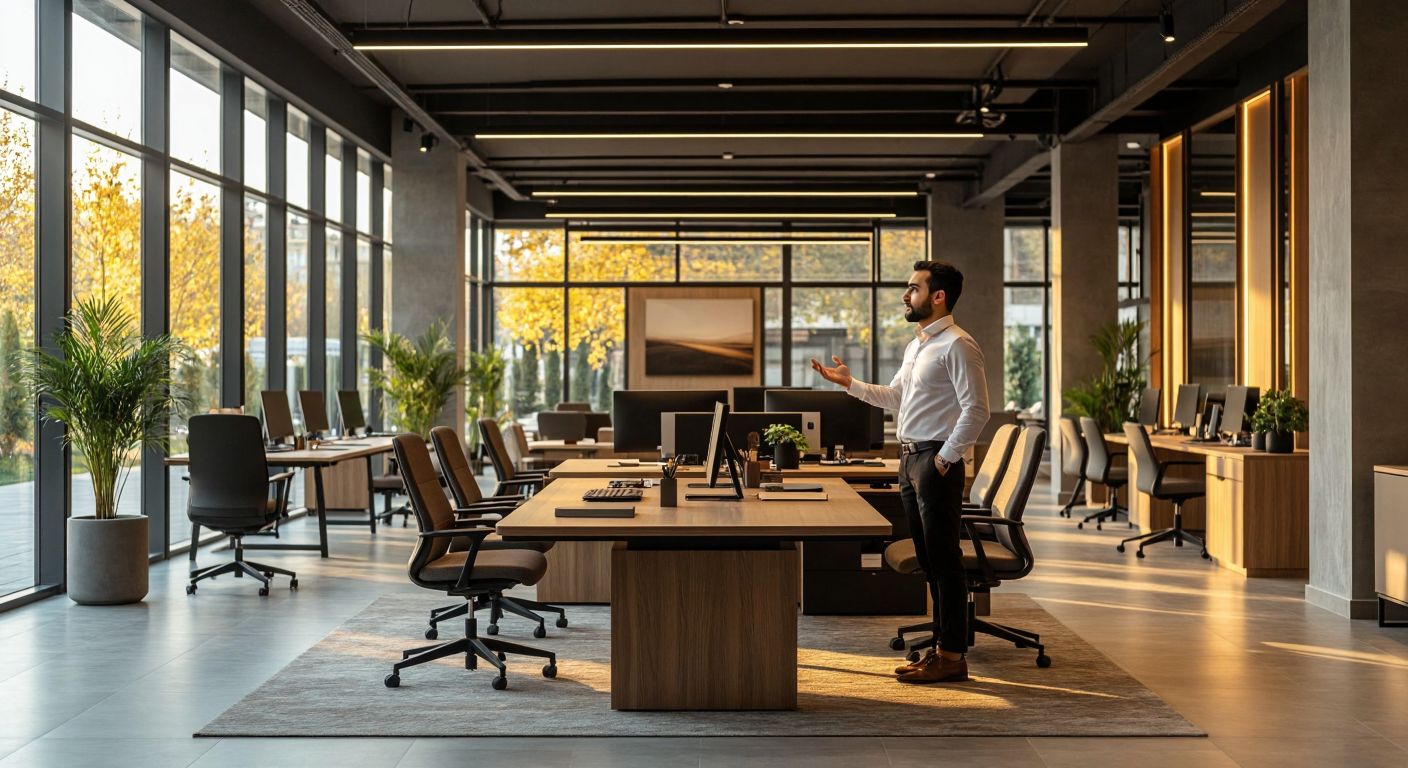 A modern office furniture showroom in Istanbul, filled with sleek desks and ergonomic chairs, bathed in warm light from large windows, with a professional Turkish salesperson confidently gesturing toward a stylish workstation.