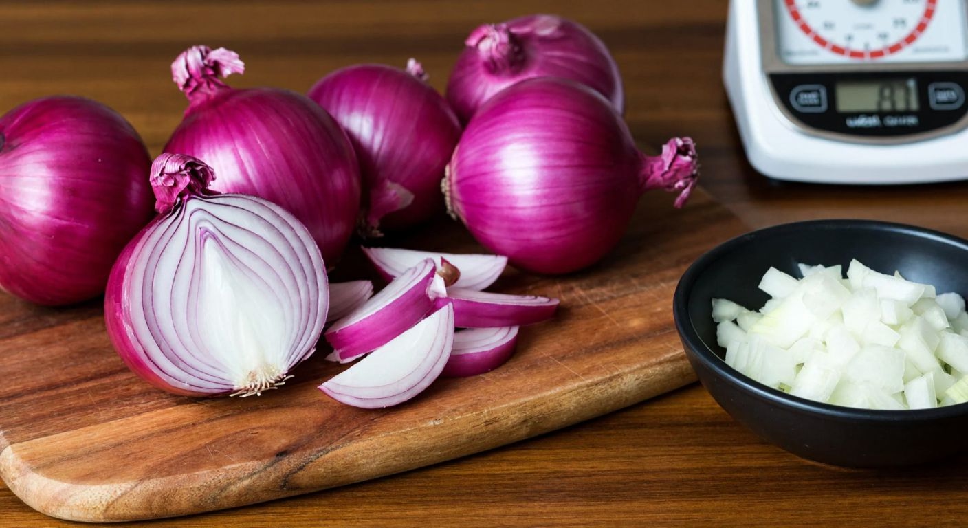 A small pile of fresh, crisp red onions on a rustic wooden cutting board, with a kitchen scale nearby and a measuring cup filled with chopped onions, evoking a simple, homey cooking scene in a Turkish kitchen.
