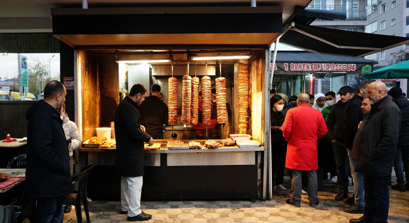 A bustling street-side döner shop in the Black Sea region, with Cengiz Usta proudly grilling juicy, stacked meat on a vertical spit while locals eagerly wait in line, the aroma of spices filling the air.