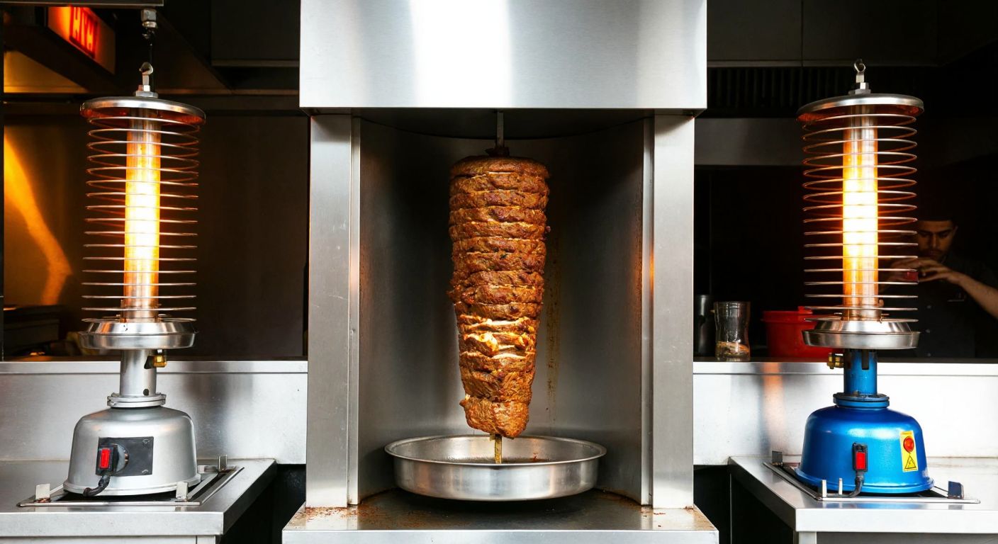 A stainless steel döner machine with rotating skewers of stacked meat, flanked by a glowing electric coil on one side and a blue-flamed gas burner on the other, in a bustling Turkish kebab shop.