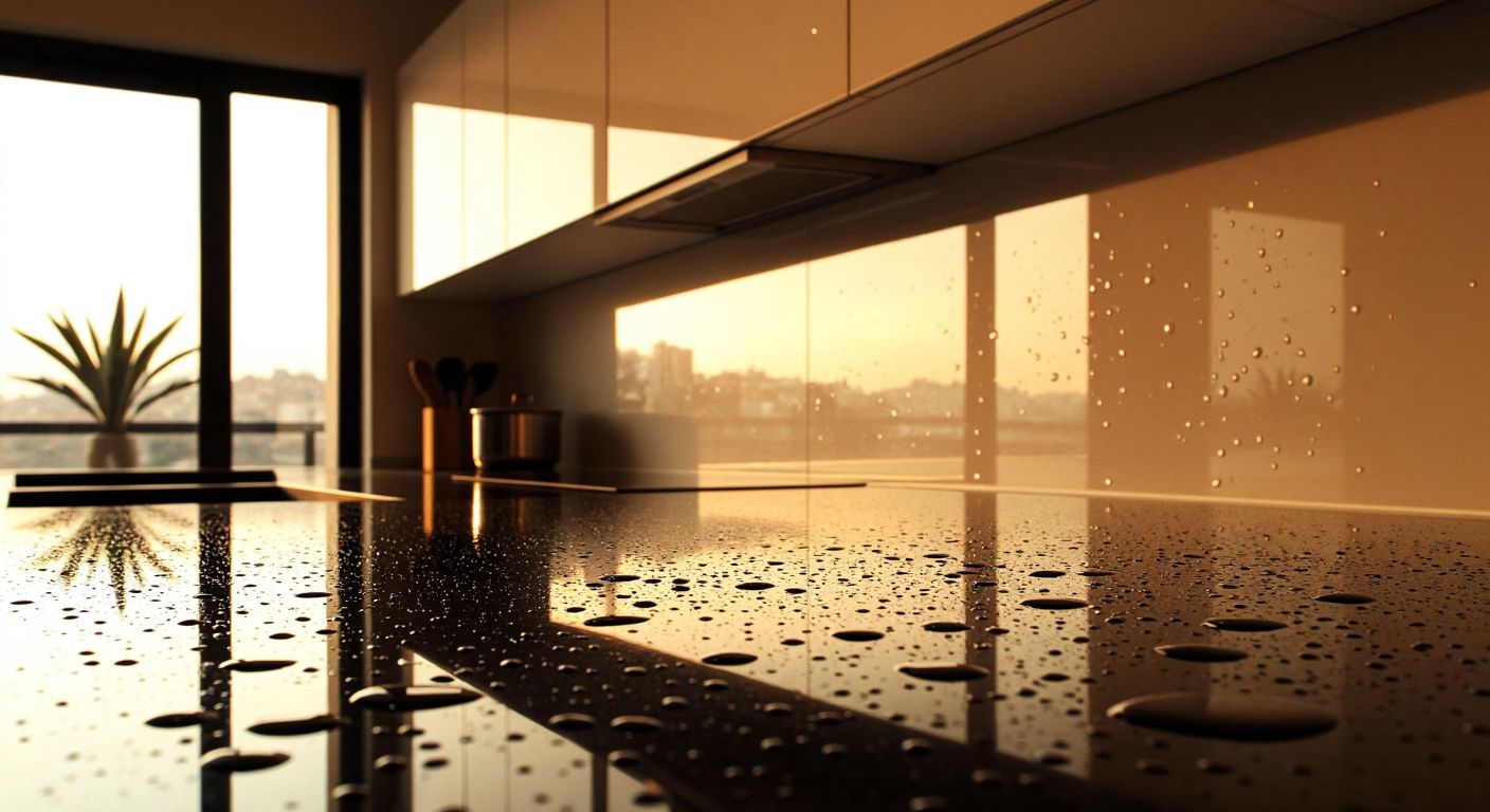 A sleek, glossy lacquered panel in a modern Turkish kitchen, with water droplets beading on its smooth surface, reflecting warm light from a nearby window.
