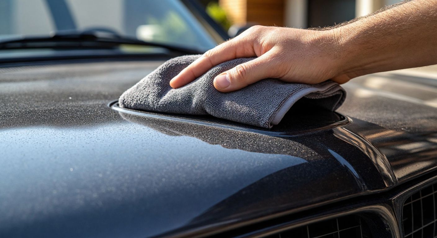 A close-up of a weathered gray plastic car dashboard being gently wiped with a soft cloth, revealing a restored deep black shine under the sunlight in a Turkish garage.
