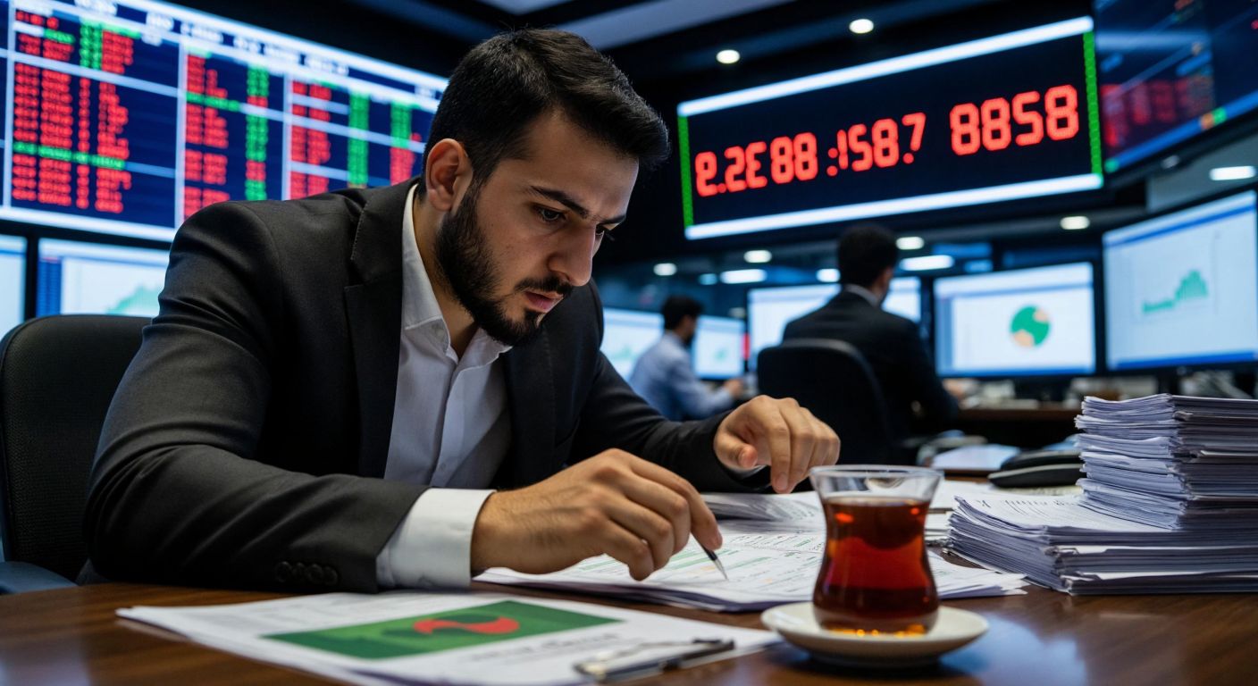 A focused Turkish trader in a bustling stock exchange, intensely analyzing a digital ticker board with rapid price fluctuations, surrounded by stacks of financial documents and a steaming cup of Turkish tea.