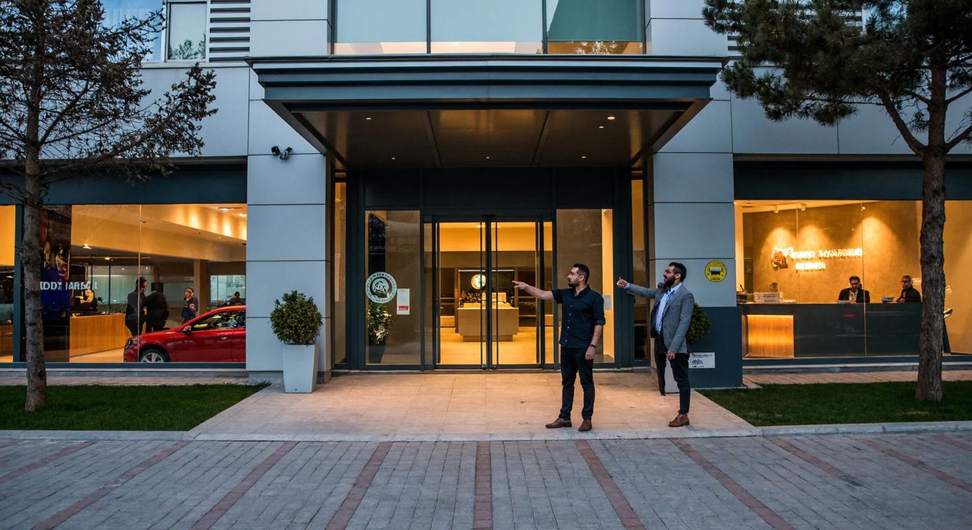 A bustling industrial zone in Ankara with a modern business center, where a man in casual work attire stands outside a glass-fronted office building, pointing toward a signless storefront with a warm, inviting glow.