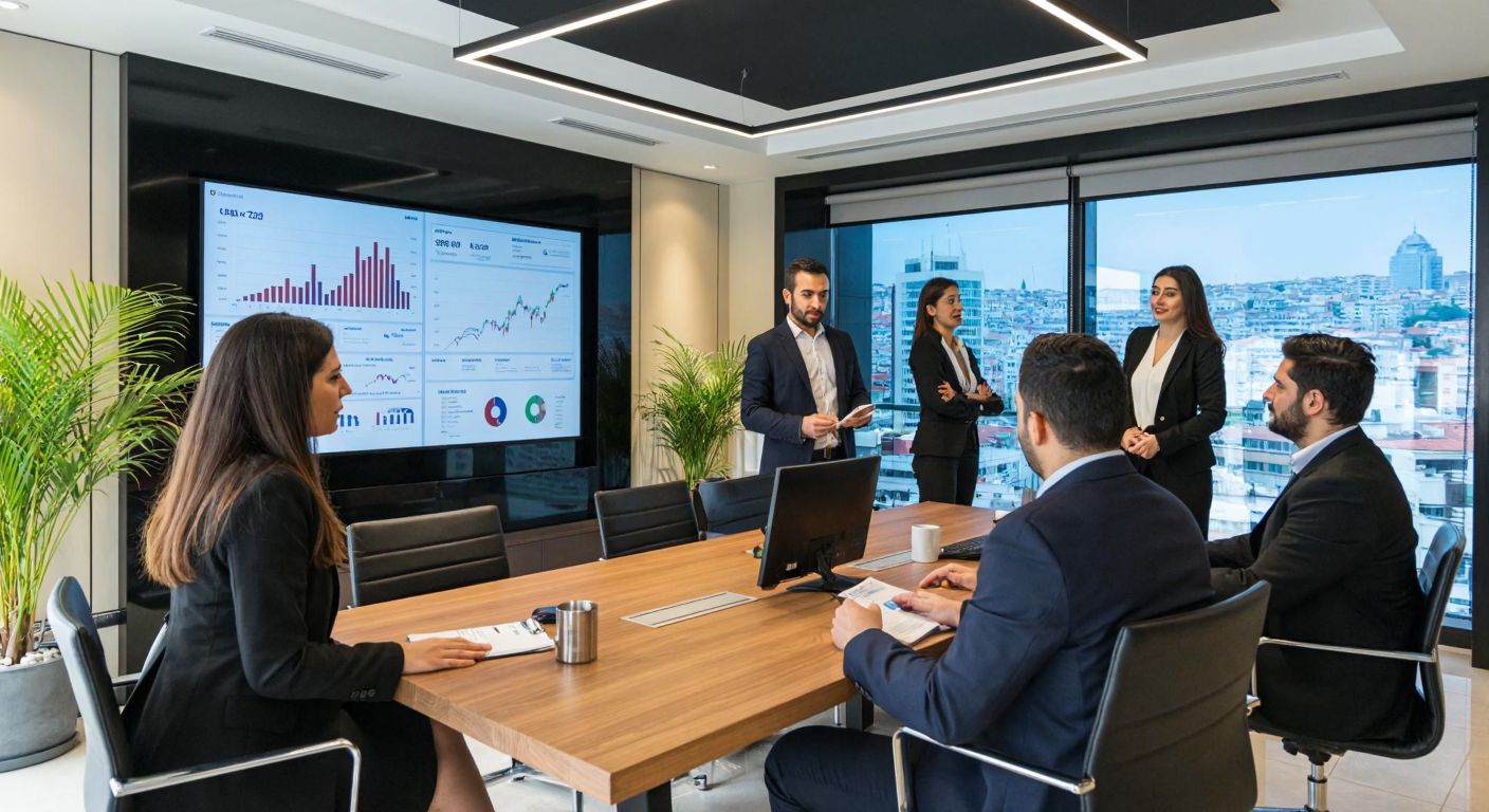 A modern office in Istanbul with Turkish professionals in formal attire analyzing financial charts on a large screen, exuding confidence and success.