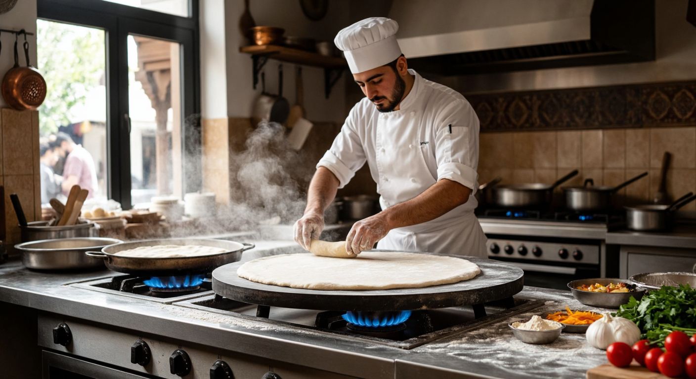 A Turkish chef in a traditional kitchen rolls out dough on a flour-dusted counter while a sturdy stainless steel gas-powered gözleme sacı sizzles over blue flames on a commercial stove.