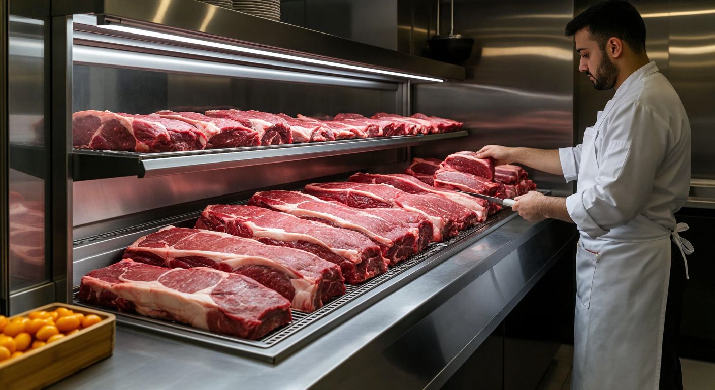 A sleek stainless steel meat display case in a Turkish butcher shop, filled with neatly arranged fresh cuts of lamb and beef under bright, cool lighting, with a butcher in a white apron adjusting the temperature settings.