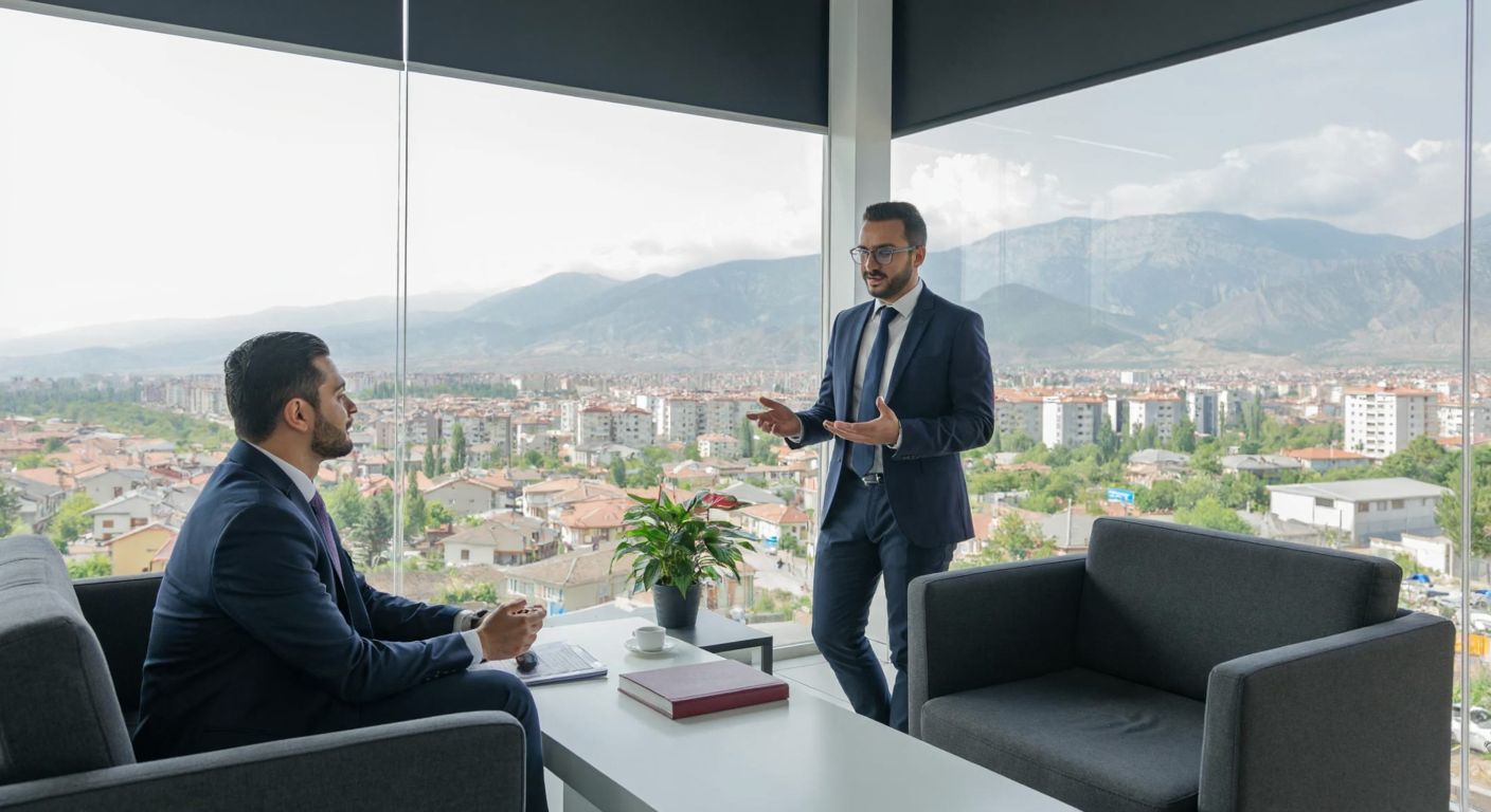 A modern insurance office in Malatya with a professional Turkish agent in a suit discussing policies with a client, framed by a glass window displaying the city's mountainous landscape.