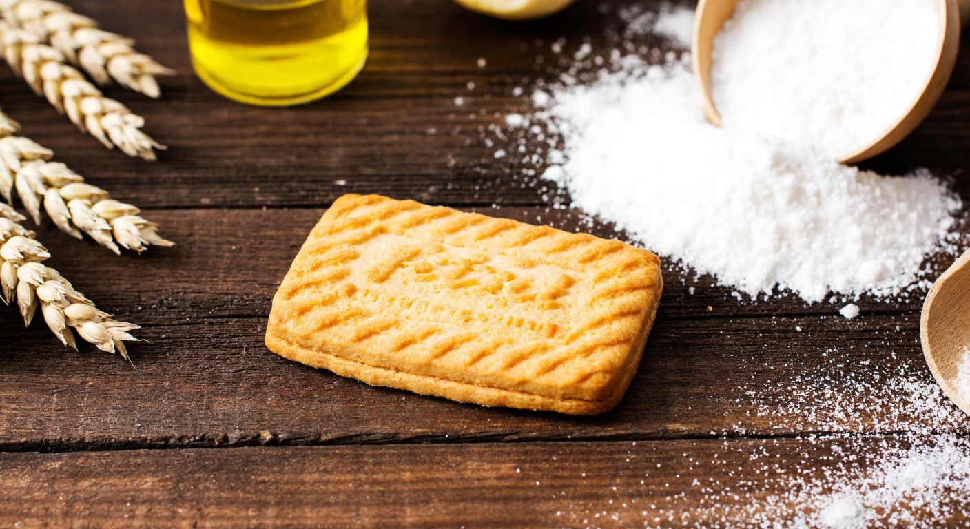 A golden-brown Petit Beurre biscuit rests on a rustic wooden table, surrounded by scattered ingredients like wheat flour, sugar, sunflower oil, and milk powder, evoking a warm, homemade feel.