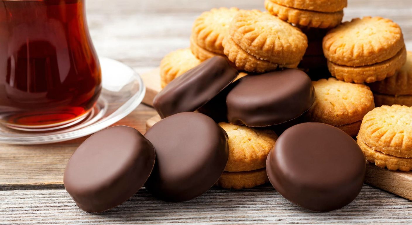 A close-up of golden-brown Biscolata Starz biscuits, some coated in smooth milk chocolate and others in rich dark chocolate, arranged neatly on a rustic wooden table with a glass of Turkish tea steaming beside them.
