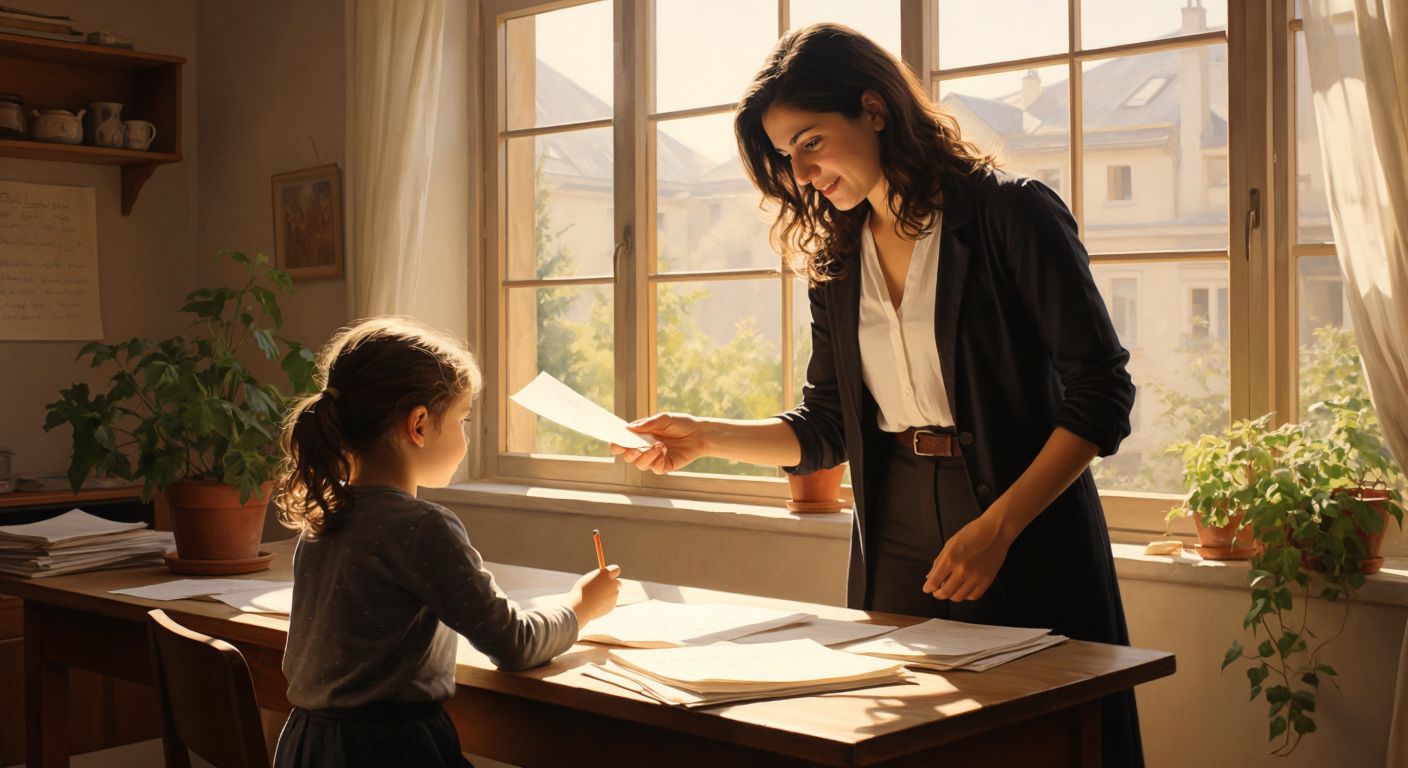 A young Turkish teacher in a bright classroom gently hands a handwritten note to a shy child sitting at a wooden desk, with sunlight streaming through the window onto scattered papers and a potted plant.