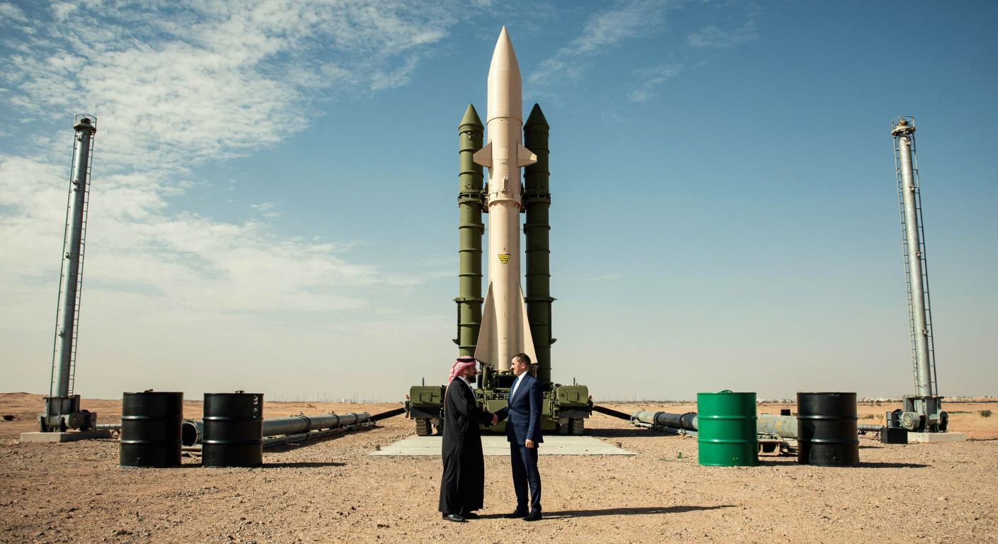 A towering S-400 missile system stands on a desert landscape, flanked by barrels of oil and pipelines, with Russian and Saudi officials in formal attire shaking hands under a clear blue sky.