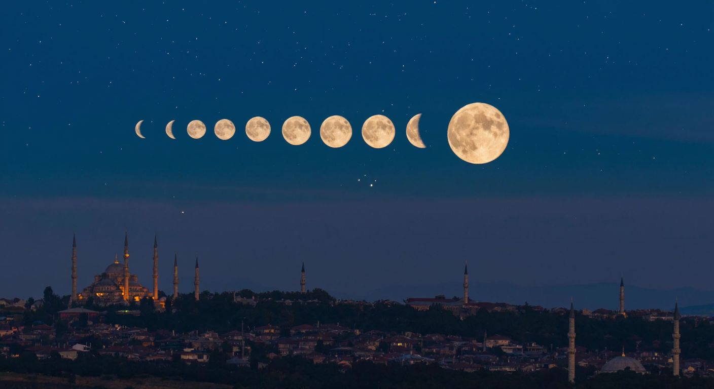 A serene night sky over a Turkish landscape, with the moon transitioning through its eight phases in a circular sequence, surrounded by faint stars and silhouettes of minarets in the distance.