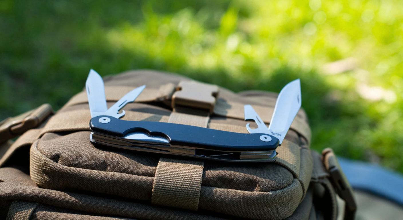 A compact, multi-tool pocket knife with pliers, wire cutters, and hidden tools like a blade and screwdriver, resting on a rugged outdoor backpack in a sunlit Turkish campsite.