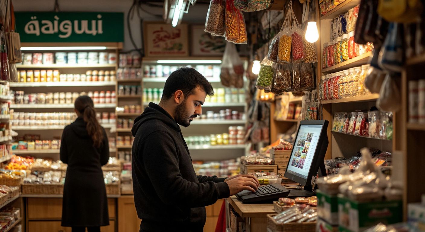 A focused Turkish shop owner adjusts settings on a computer in a small, warmly lit store with shelves of colorful products, while a customer waits patiently nearby.