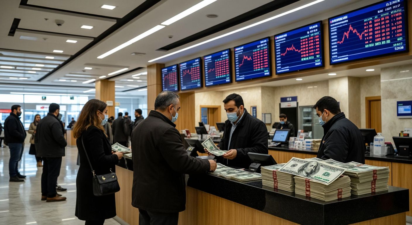 A bustling Turkish bank lobby with customers exchanging currency at counters, framed by digital displays showing fluctuating exchange rates, while a teller in a crisp uniform assists a client with a stack of dollar bills.