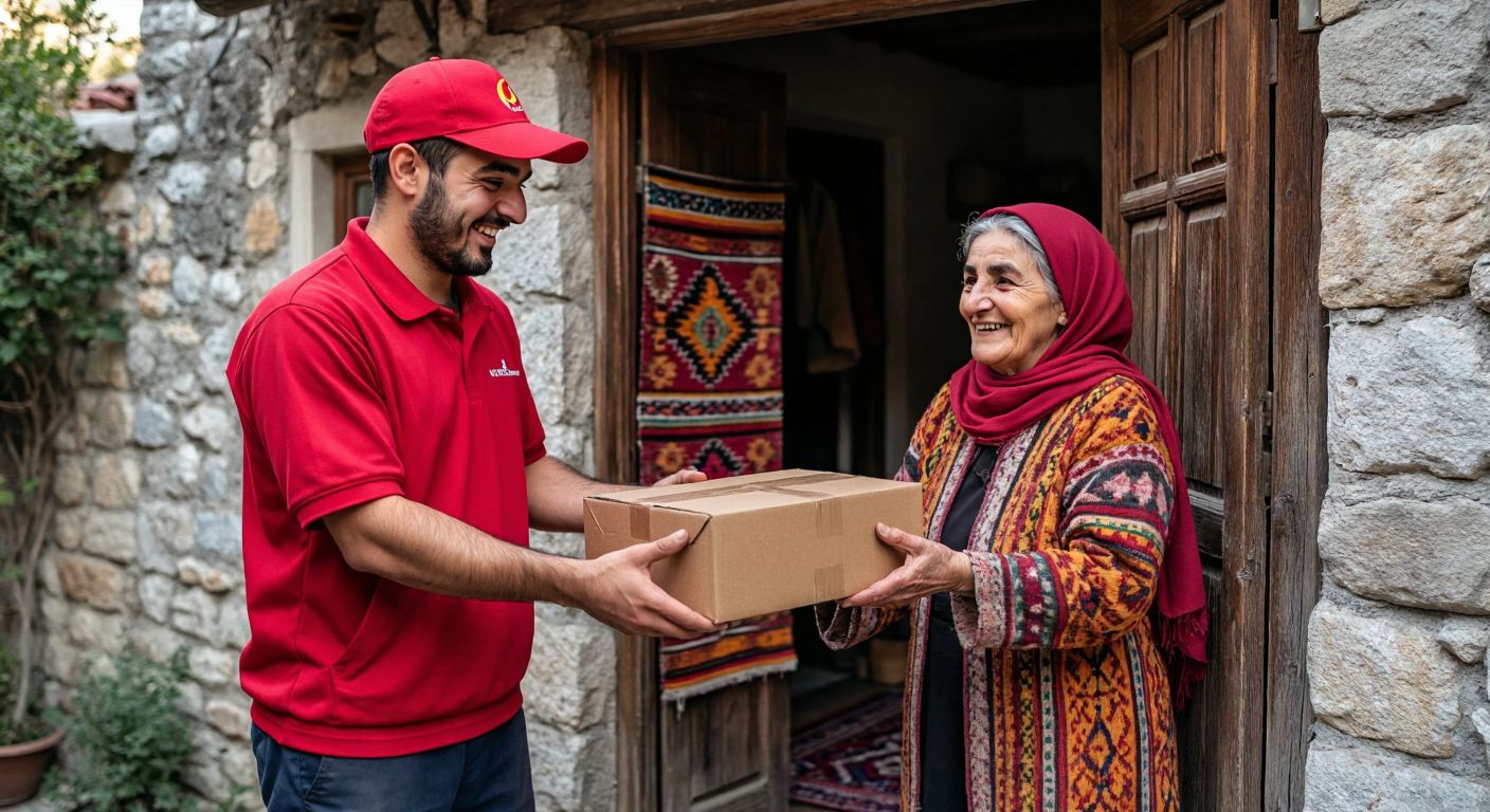 A smiling Turkish courier in a red uniform hands a brown package to a happy elderly woman standing in the doorway of her traditional stone house with a colorful woven rug visible inside.