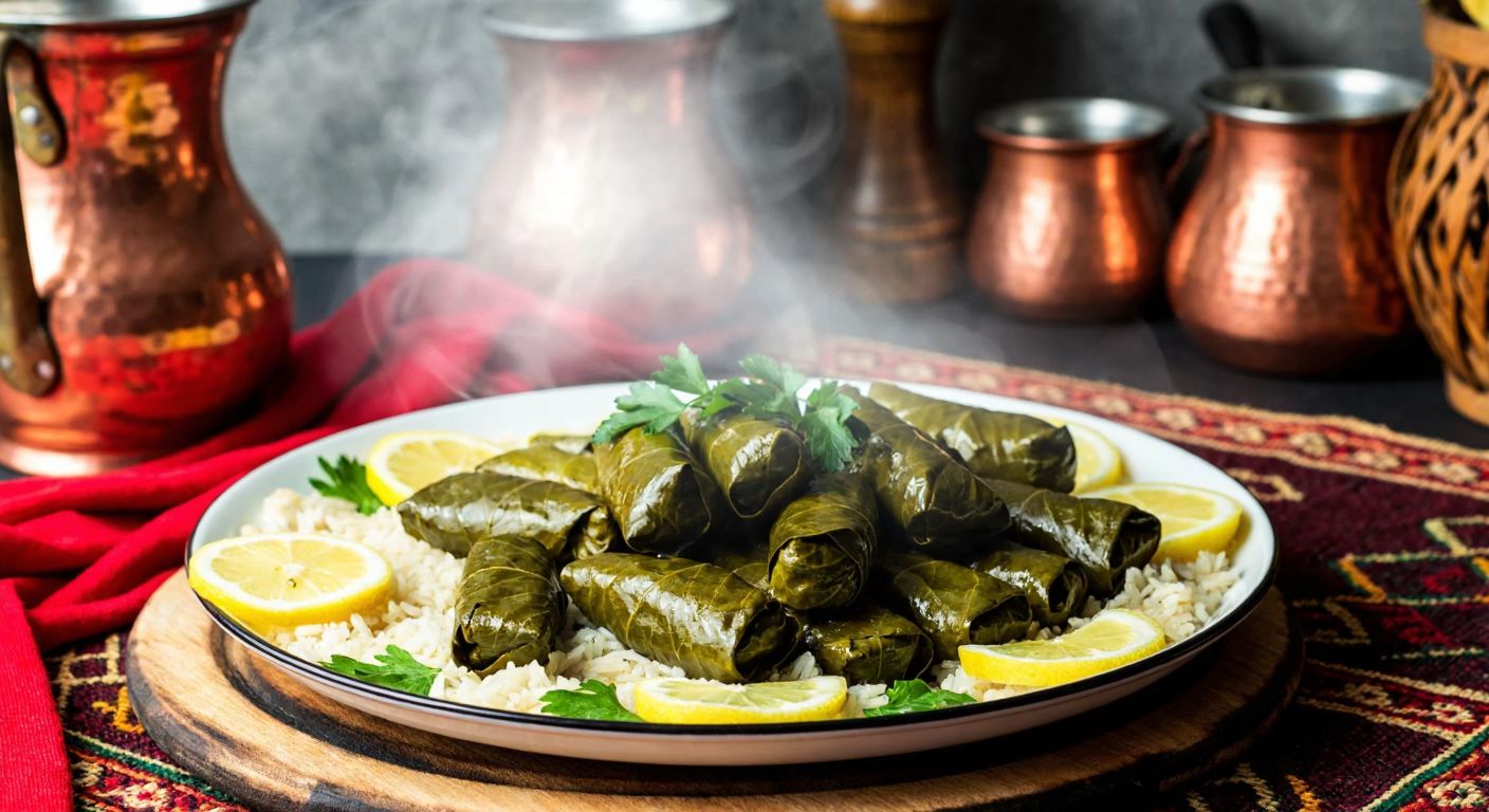 A steaming plate of vine leaf dolma with minced meat and rice, garnished with lemon slices and fresh herbs, set against a backdrop of a traditional Azerbaijani kitchen with copper pots and woven textiles.
