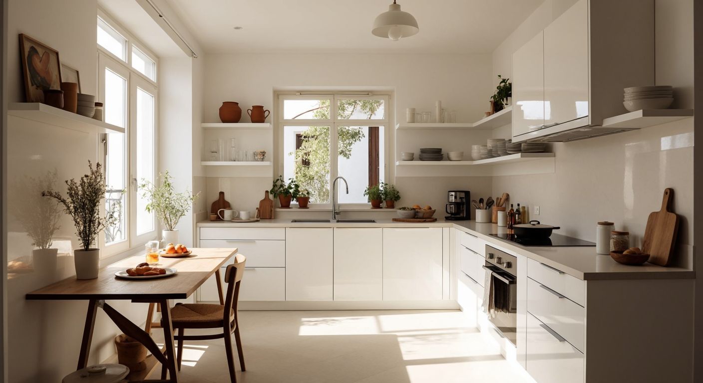 A bright, compact Turkish kitchen with white cabinets, glossy countertops, open shelving, a large mirror reflecting sunlight, and a foldable table tucked neatly against the wall.