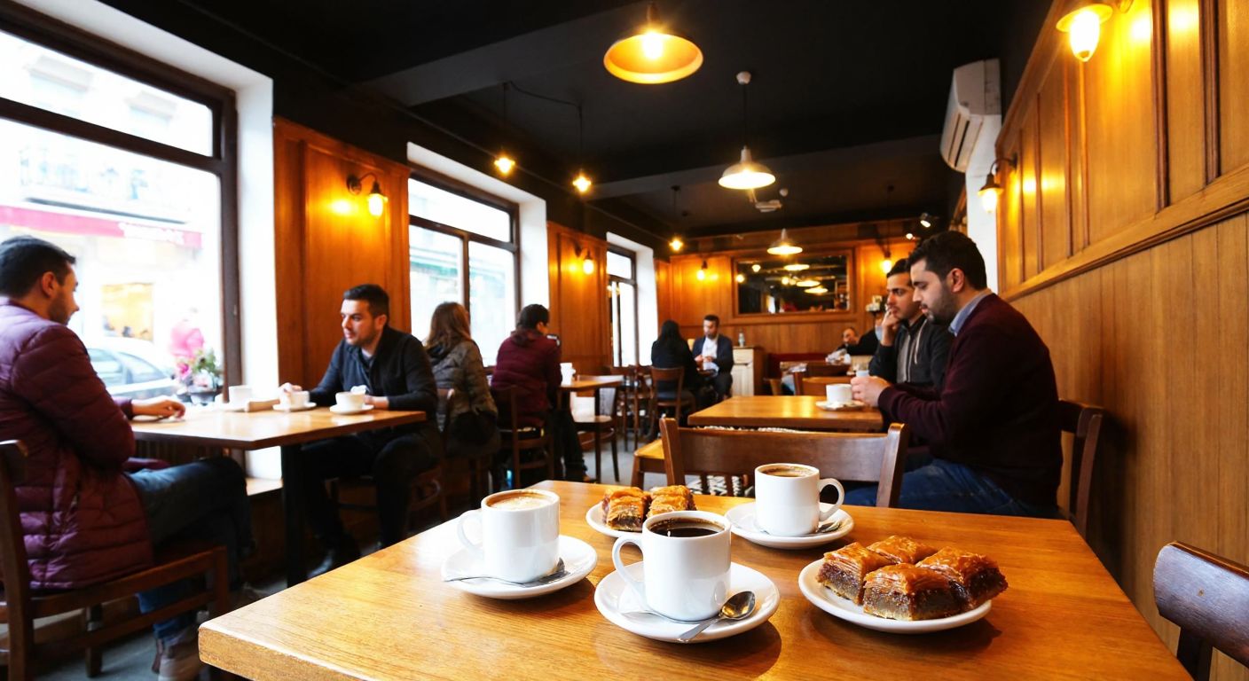 A cozy café in Kadıköy with warm lighting, wooden tables, and people chatting over steaming cups of Turkish coffee and plates of baklava.