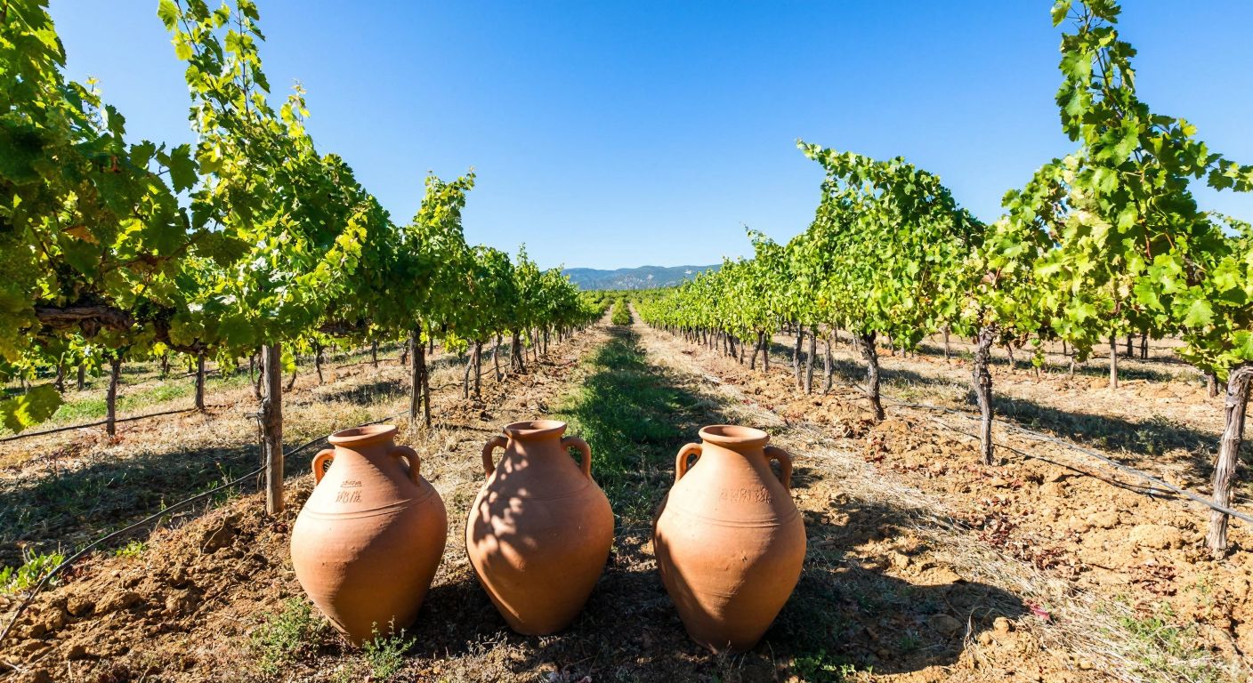 A rustic vineyard in Denizli's Bekilli district, with sunlit grapevines and traditional clay wine amphorae resting under a clear blue sky.