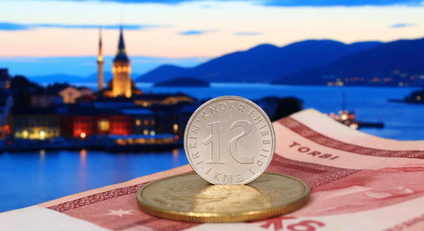 A Norwegian krone coin resting on a Turkish lira banknote against a backdrop of Oslo's fjords and Istanbul's minarets, symbolizing currency exchange between Norway and Turkey.