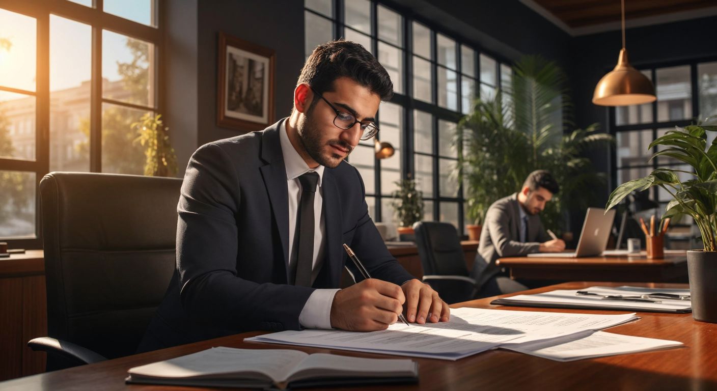 A professional Turkish businessperson in a sleek office confidently signing an insurance document while a university student in the background studies diligently for an exam.