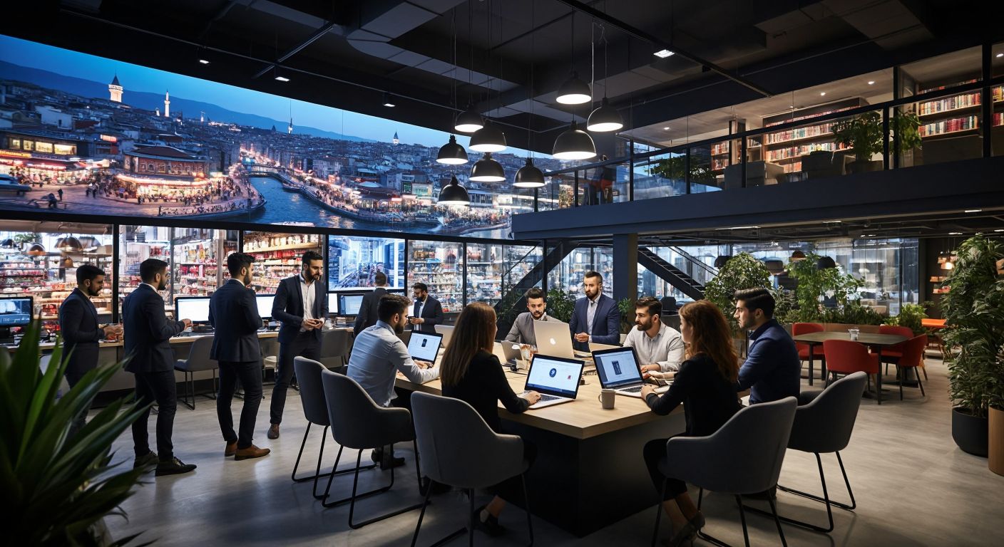 A sleek, modern office in Istanbul with a diverse team of young professionals collaborating around digital screens displaying secure financial transactions, while a vibrant Turkish bazaar scene subtly blends into the background, symbolizing seamless online shopping and credit solutions.