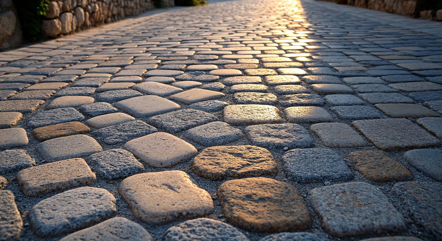 A sunlit cobblestone street in Turkey, lined with smooth, textured, and patterned paving stones in earthy tones, showcasing their varied surfaces under the warm light.