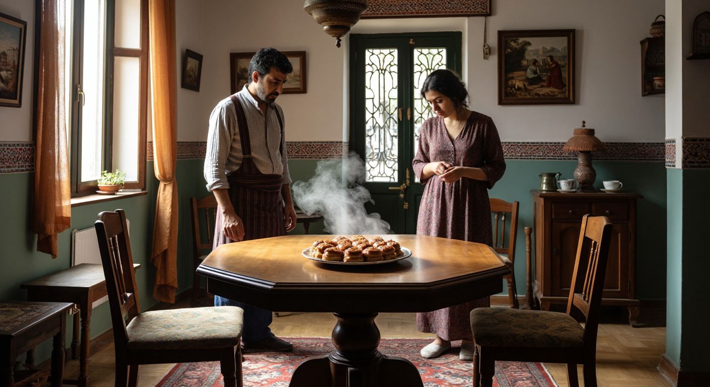 A puzzled person stands beside a triangular dining table in a cozy Turkish home, surrounded by traditional wooden chairs and a steaming plate of baklava on the table.