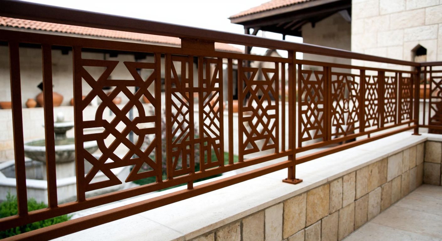 A sturdy, rust-colored metal railing with intricate geometric patterns, mounted on a stone balcony overlooking a traditional Turkish courtyard with terracotta pots and a fountain.